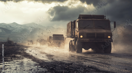 A group of military vehicles are driving down a muddy road