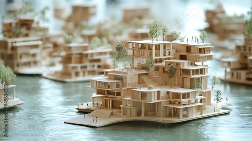 A wooden model of a sustainable city features water and trees, a vision of harmonious urban planning. photo