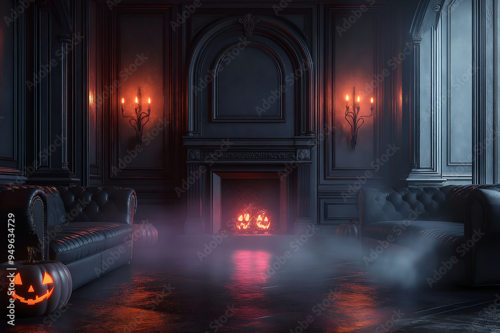 Mysterious dark Halloween interior. Apartment with scary creepy elements. Mystic halloween decoration in the room.