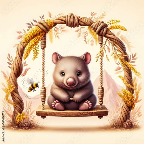 Cartoon character of a Wobat on a swing with flowers, Australian Wildlife photo