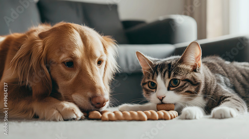 A dog and cat happily eating the medical treat in a comfortable home environment, symbolizing the treat as a regular part of their wellness regimen