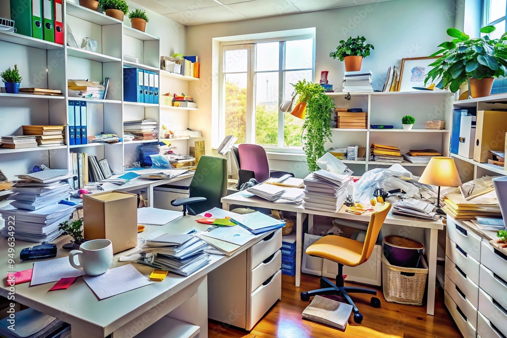 cluttered office white overflowing papers scattered files messy workspaces chaotic atmosphere disorganized minds snappy artificial lighting bold vibrant colors anxiety cluttered office white overflowing papers scattered files messy workspaces chaotic atmosphere disorganized minds snappy artificial lighting bold vibrant colors anxiety