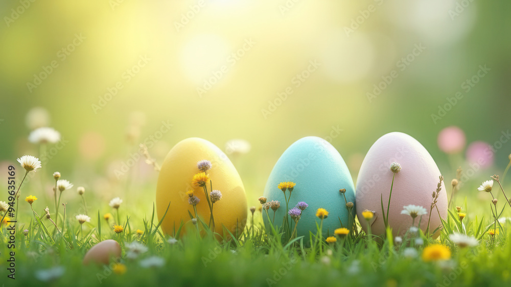 Fototapeta premium Beautiful easter eggs with flowers and copy space