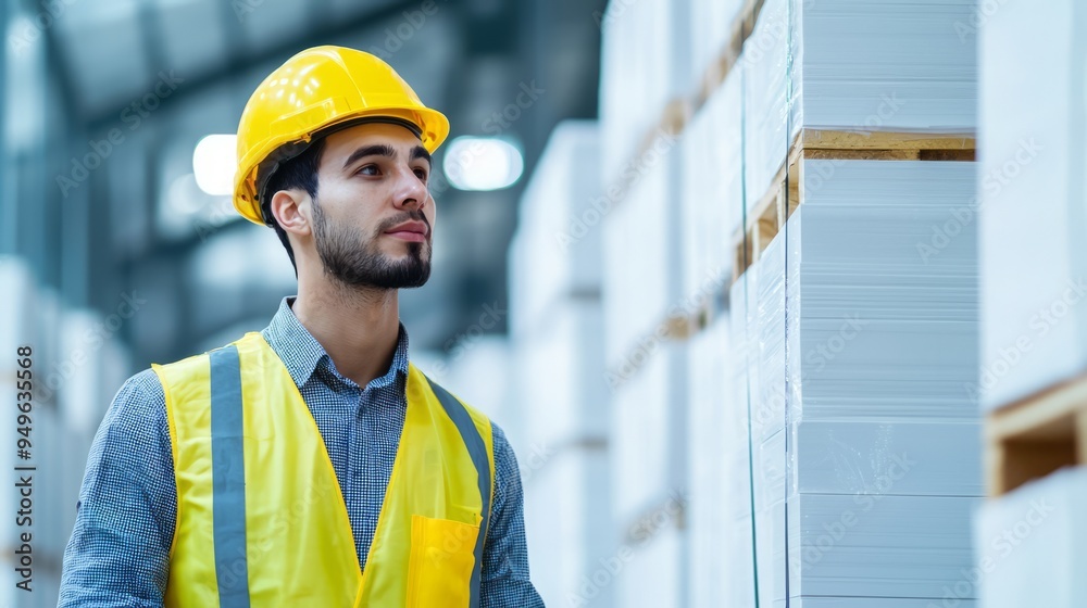 A young worker in a helmet and vest inspects shelves in a warehouse, reflecting dedication and safety in logistics. A young worker in a helmet and vest inspects shelves in a warehouse, reflecting dedication and safety in logistics.
