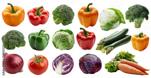 Variety of fresh vegetables including peppers, broccoli, and tomatoes isolated on transparent background photo