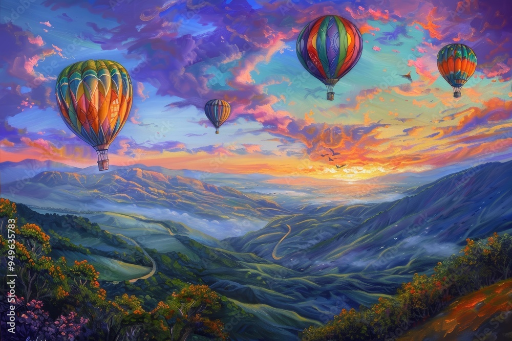 Fototapeta premium Colorful Hot Air Balloons Over Mountainous Landscape During Sunset