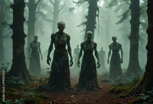 A spooky forest scene at dusk with zombies emerging from the mist, the gnarled trees casting eerie shadows over the forest floor. The image is captured from a low-angle shot, emphasizing the haunting 