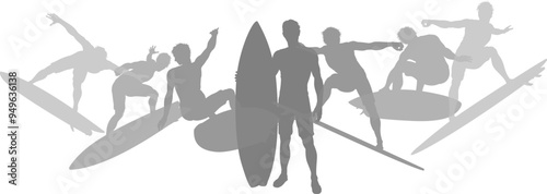 Surfers Surfing on their Surf Boards Silhouette set. Active sports people healthy players fitness silhouettes concept.