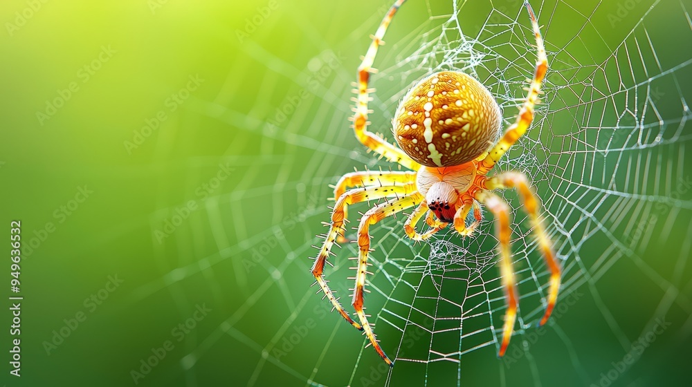 Close-up of a spider in its intricate web, featuring vibrant colors and a soft green background, showcasing nature's elegance. Close-up of a spider in its intricate web, featuring vibrant colors and a soft green background, showcasing nature's elegance.