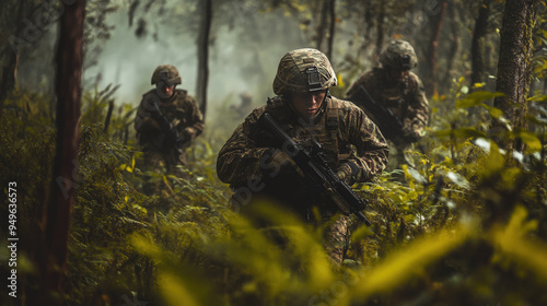 Three soldiers are walking through a forest, with one of them holding a rifle