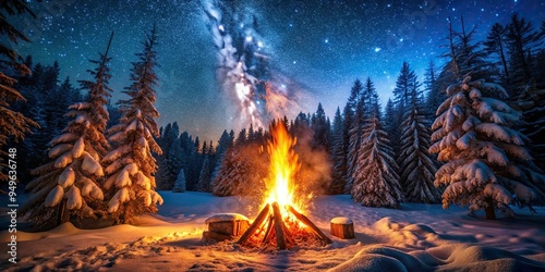 9. Orange red bonfire crackling on a cold winter night, surrounded by snow-covered trees, starry sky, and warm ambiance, a realistic photo image.