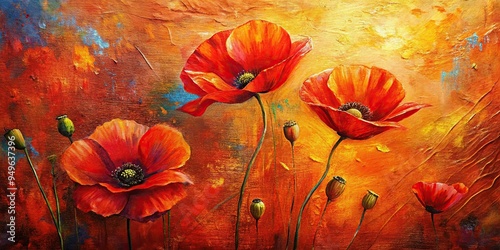 9. A vibrant poppy red abstract painting on a textured canvas, with bold brushstrokes, a realistic photo image.