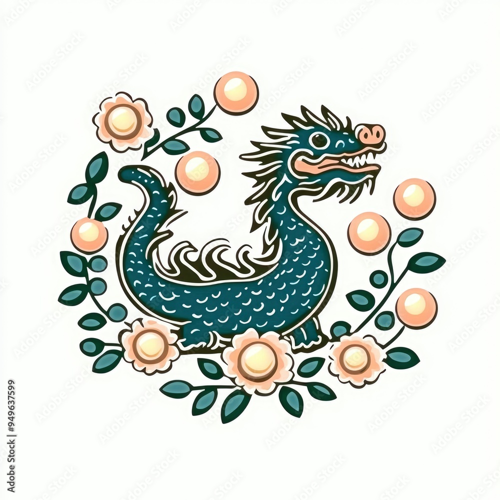 Chinese Dragon with Floral Wreath Illustration Chinese Dragon with Floral Wreath Illustration