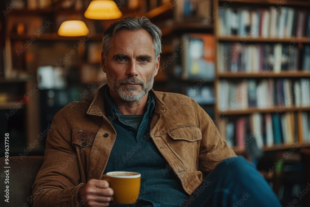 Man with Gray Hair Drinking Coffee in a Bookstore Man with Gray Hair Drinking Coffee in a Bookstore