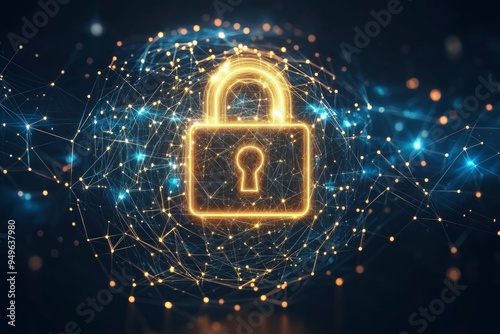 A glowing padlock symbol embedded in a sphere of connected lines and dots.