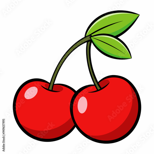 Fruitful red cherries with leaves