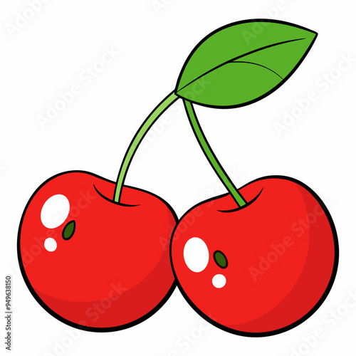 Fruitful red cherries with leaves