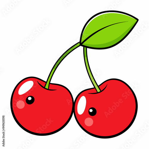 Fruitful red cherries with leaves