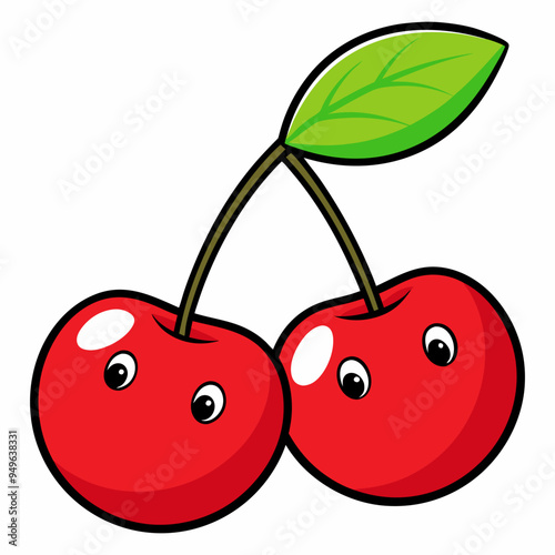 Fruitful red cherries with leaves