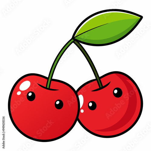 Fruitful red cherries with leaves