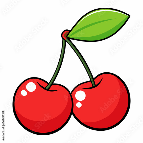 Fruitful red cherries with leaves