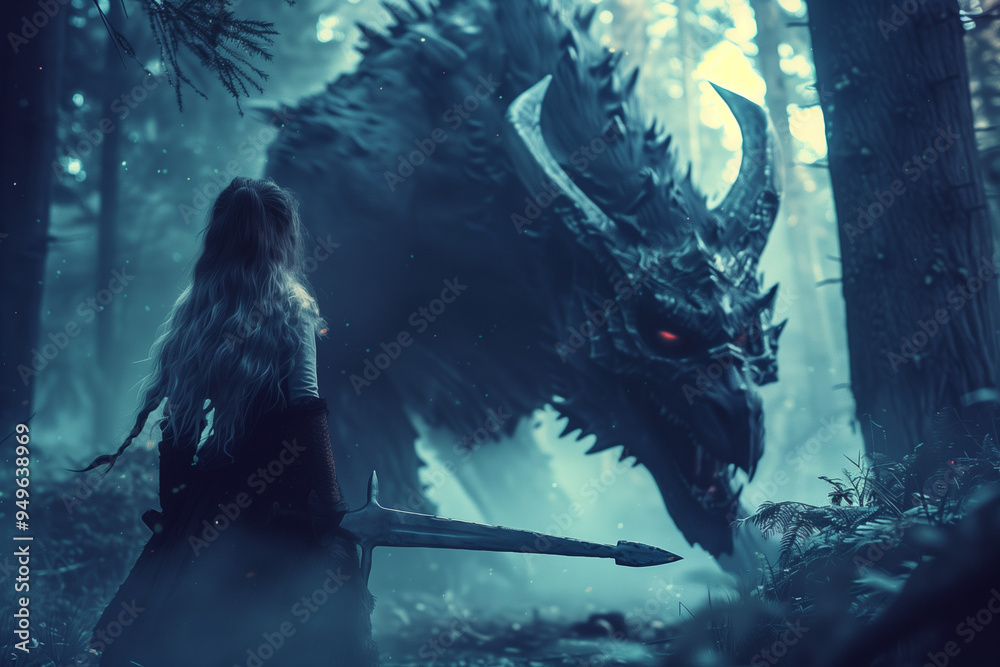 Obraz premium Female Monster Hunter armed with a sword faces a terrifying creature in a dark forest during Halloween season