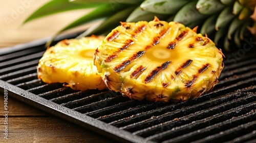 Grilled pineapple slices on a hot grill, showcasing vibrant colors and delicious caramelization for a tropical culinary delight. photo