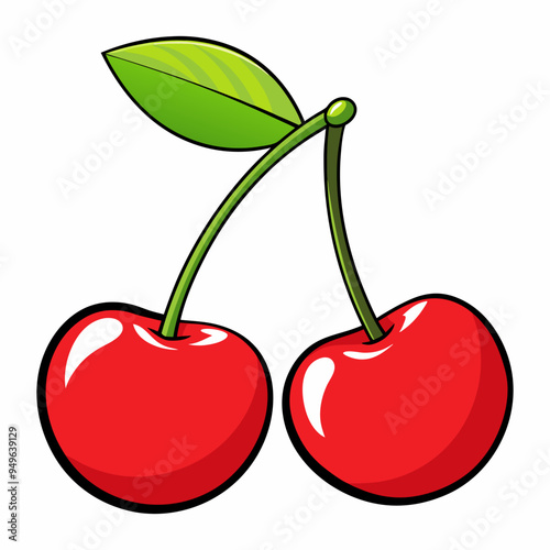 Fruitful red cherries with leaves