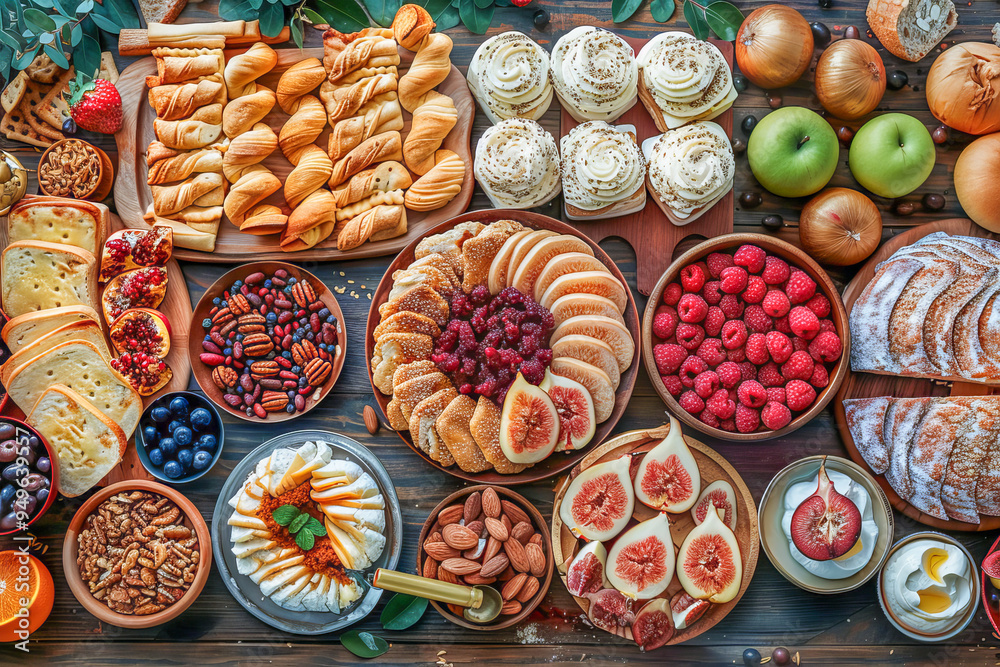 Fototapeta premium Traditional food for rosh hashanah jewish new year celebration being served on table