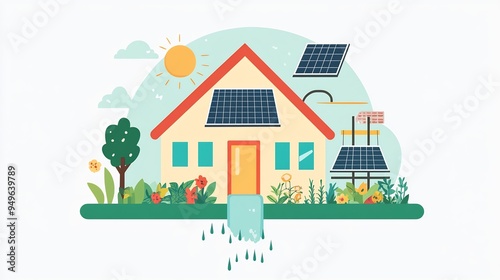 Vector of an ecofriendly house with solar panels a garden and a rainwater collection system