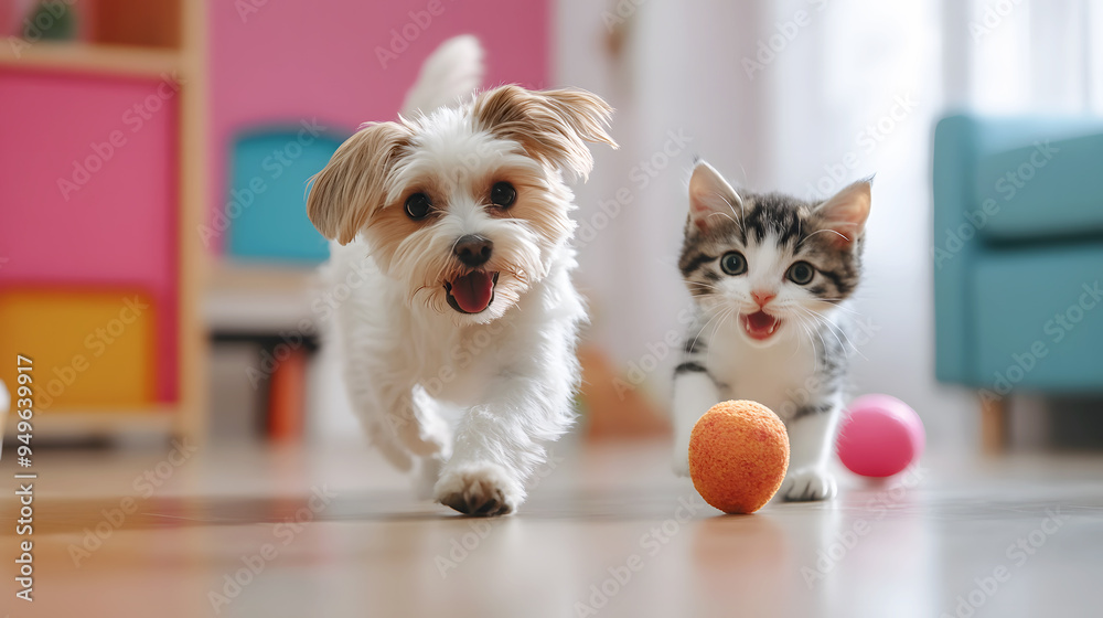 A playful dog and cat chasing after a medical treat, set in a bright, colorful environment that emphasizes fun and wellness A playful dog and cat chasing after a medical treat, set in a bright, colorful environment that emphasizes fun and wellness