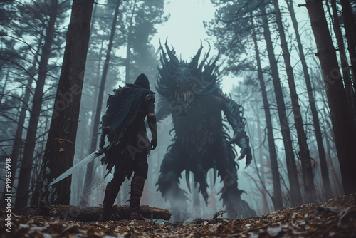 Monster Hunter in a dark forest confronts a terrifying creature with a sword during Halloween night photo