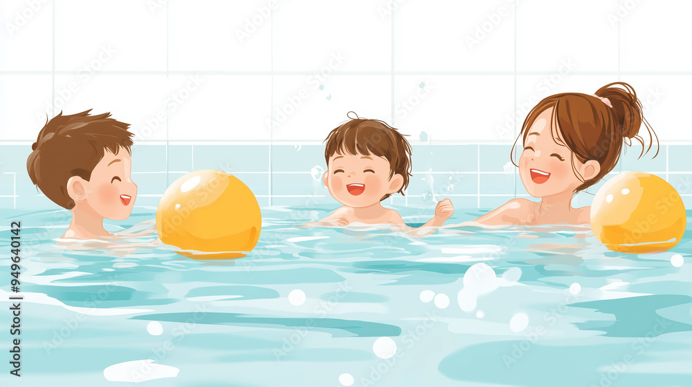 Family enjoying fun in the swimming pool parents and children playing with yellow beach balls and laughing in the water Family enjoying fun in the swimming pool parents and children playing with yellow beach balls and laughing in the water