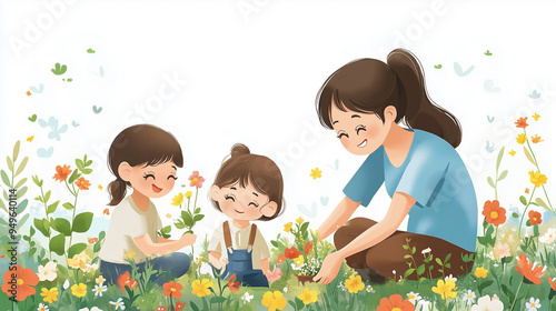 Family enjoying gardening together in a colorful flower garden mother and daughters bonding and planting flowers in nature