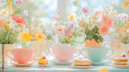 Garden tea party oversized teacups pastries colorful flowers whimsical Alice-in-Wonderland inspired quirky pastel colors