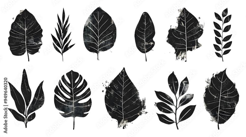 Hand drawn set of grunge modern textured brush black leaves isolated on transparent background
Hand drawn set of grunge modern textured brush black leaves isolated on transparent background