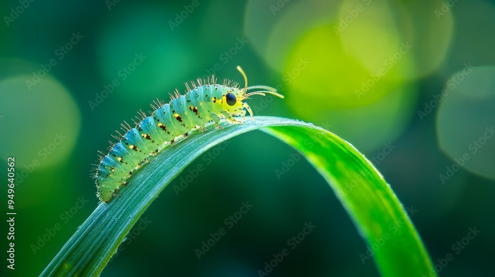 A Green Caterpillar on a Blade of Grass. A Green Caterpillar on a Blade of Grass.
