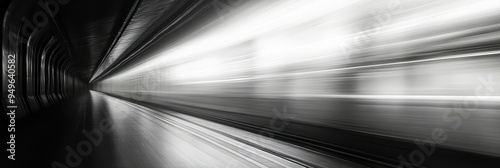 A black and white photograph depicting a long tunnel with a light gray blur at the end, symbolizing movement, speed, and the unknown. It represents a journey towards the future, progress, and the purs