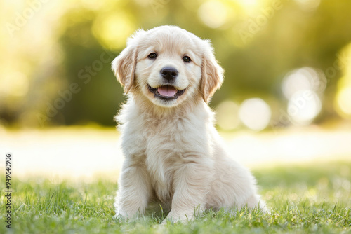 Adorable Golden Retriever Puppy Sitting on Grass