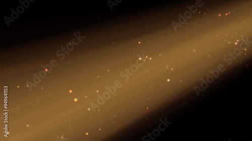 Warm golden hued background with light rays streaming diagonally. The scene is filled with glittering particles that resemble stars, creating a serene atmosphere. 4K and Seamless loop