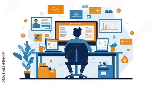 A dedicated man works at his desk, surrounded by multiple screens displaying graphs and charts, embodying focus and analytical precision.
