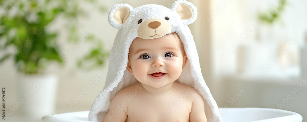 Baby with a towel hood shaped like an animal, baby bath time, cute and cozy Baby with a towel hood shaped like an animal, baby bath time, cute and cozy
