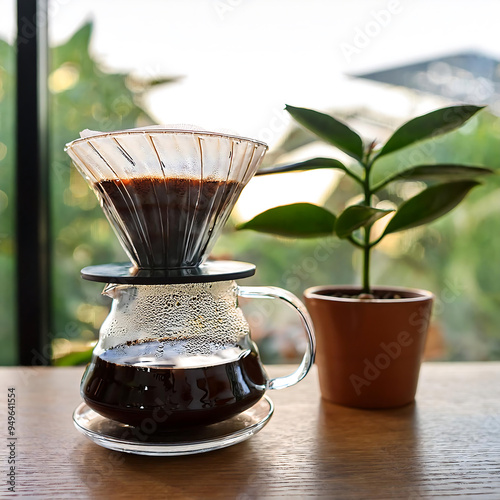 A cup of coffee with beans and a pot on a table, featuring a white mug and saucer, surrounded by morning aromas and a touch of green photo