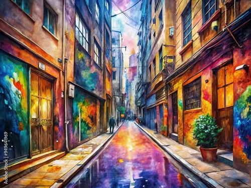 vibrant watercolor Melbourne street art laneways bold colors abstract shapes dynamic brushstrokes urban energy photo