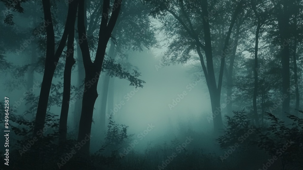 Obraz premium A captivating image of a misty woodland path, with tall trees silhouetted against the dense fog. The scene evokes a sense of mystery, tranquility, and the beauty of nature's ethereal embrace.