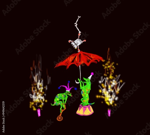 Silhouette of circus horses dogs drogan animals acrobatics performance, trapeze Chinese style illustration 