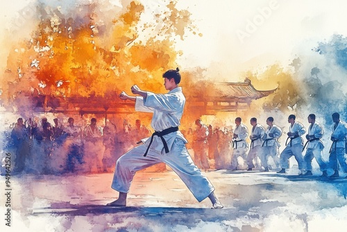 A student practicing karate in dynamic pose, surrounded by fellow martial artists in vibrant, watercolor style illustration.