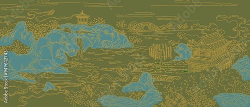 Asian style blue and gold ink painting background wallpaper mountain water river landscape secret garden scenery view