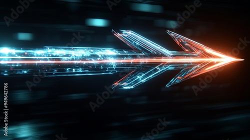 A futuristic arrow created by intertwining light streaks, curving gracefully as it points rightward on a dark backdrop, clear light, realistic photo lifelike 8K photo