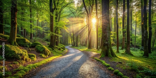 3. Ash grey gravel path winding through a serene, moss-covered forest, dappled with sunlight filtering through trees, a realistic photo image. photo